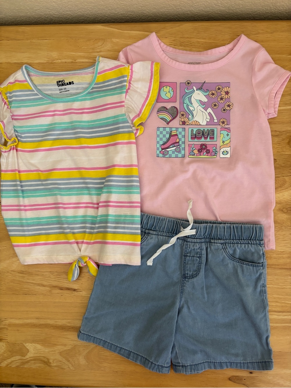 Girls Size 6 Short Sleeve Pink Unicorn Top & Stripe Top and Blue Shorts Set